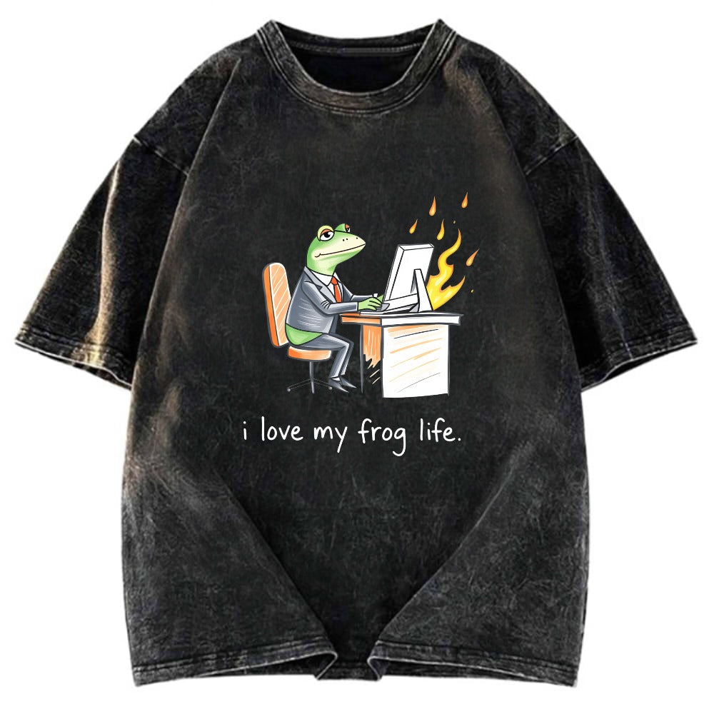Tokyosol Office Burnout Funny Frog Meme Washed T-Shirt