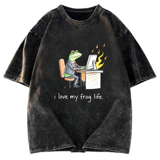 Tokyosol Office Burnout Funny Frog Meme Washed T-Shirt