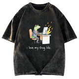 Tokyosol Office Burnout Funny Frog Meme Washed T-Shirt