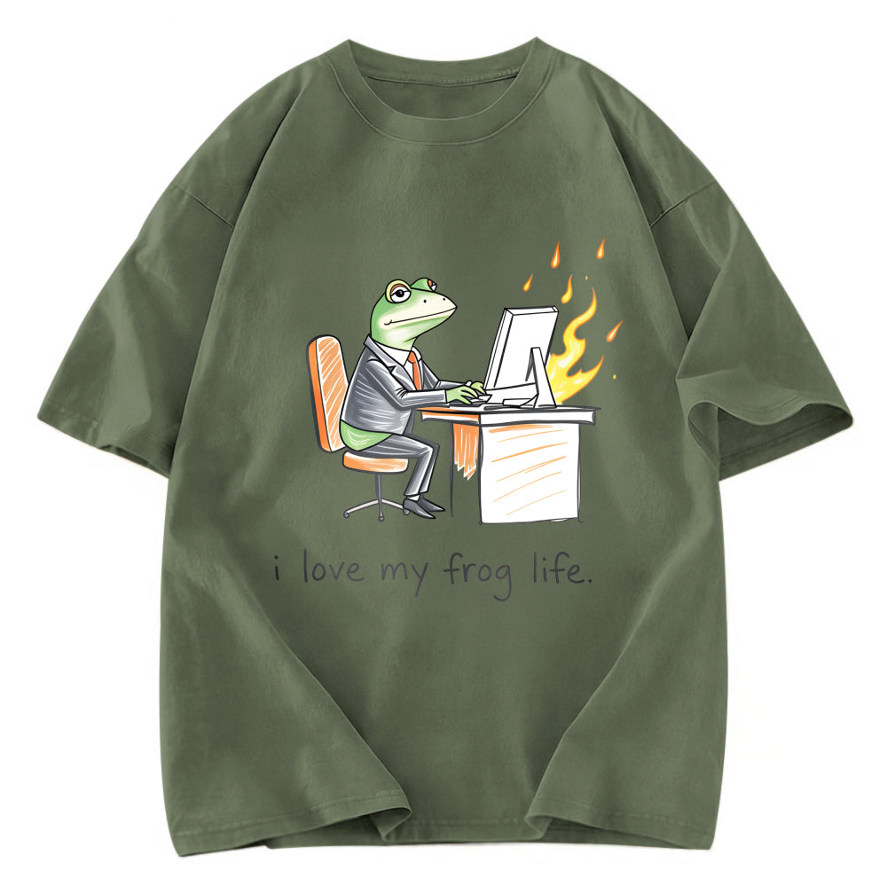 Tokyosol Office Burnout Funny Frog Meme Washed T-Shirt