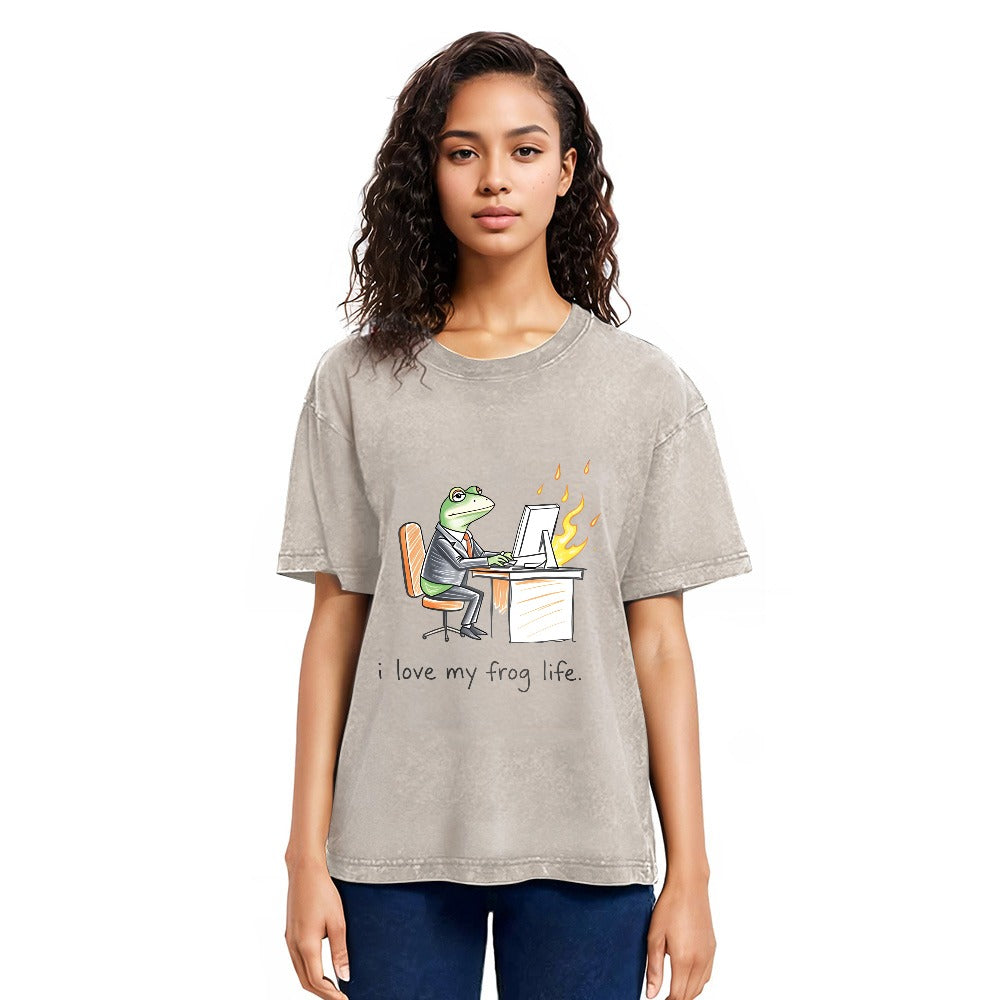 Tokyosol Office Burnout Funny Frog Meme Washed T-Shirt