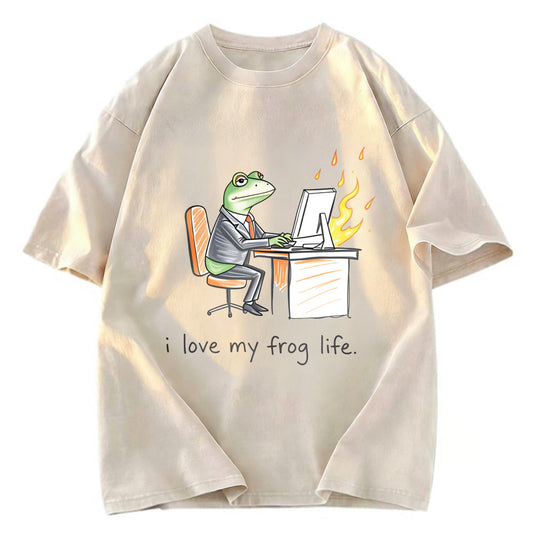 Tokyosol Office Burnout Funny Frog Meme Washed T-Shirt