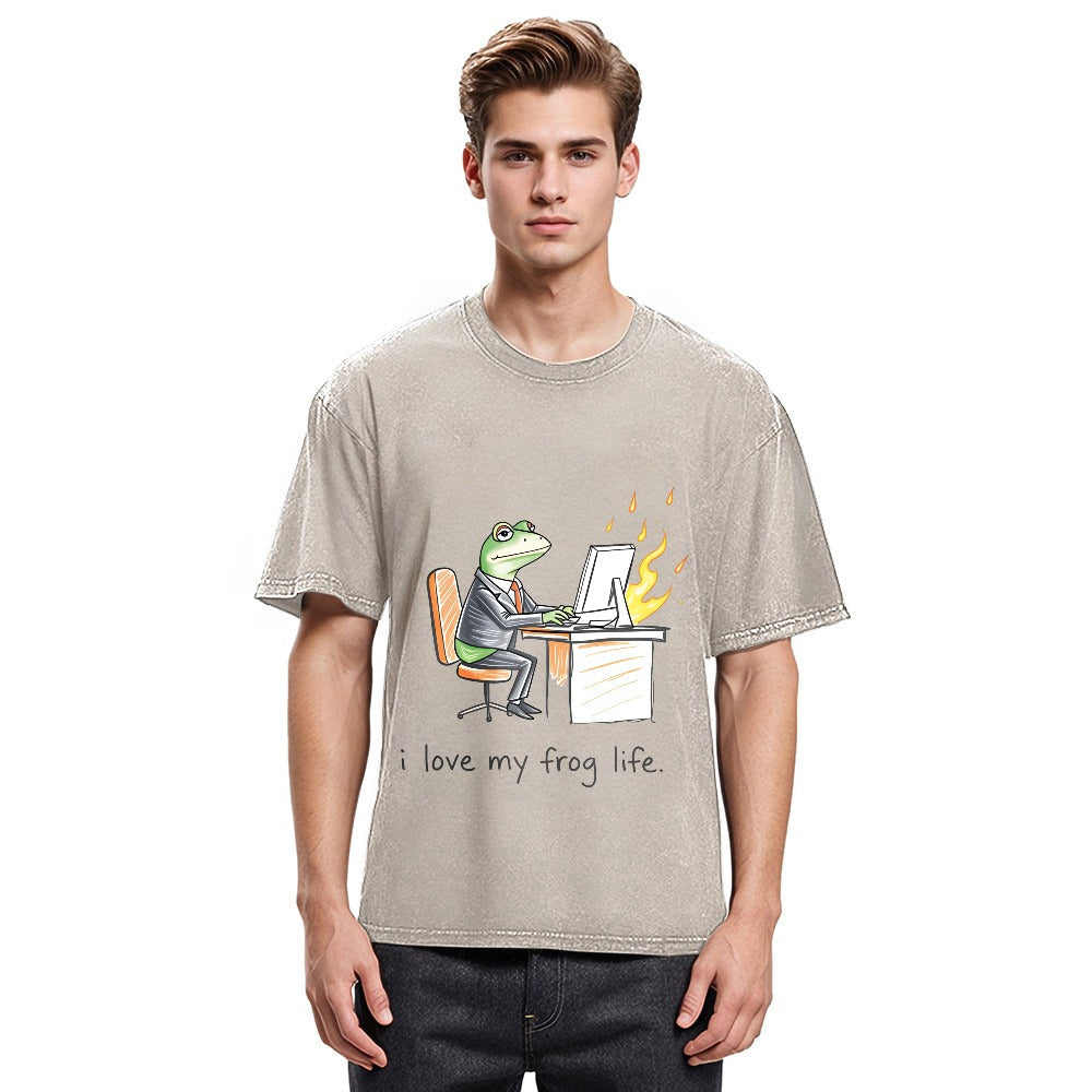 Tokyosol Office Burnout Funny Frog Meme Washed T-Shirt