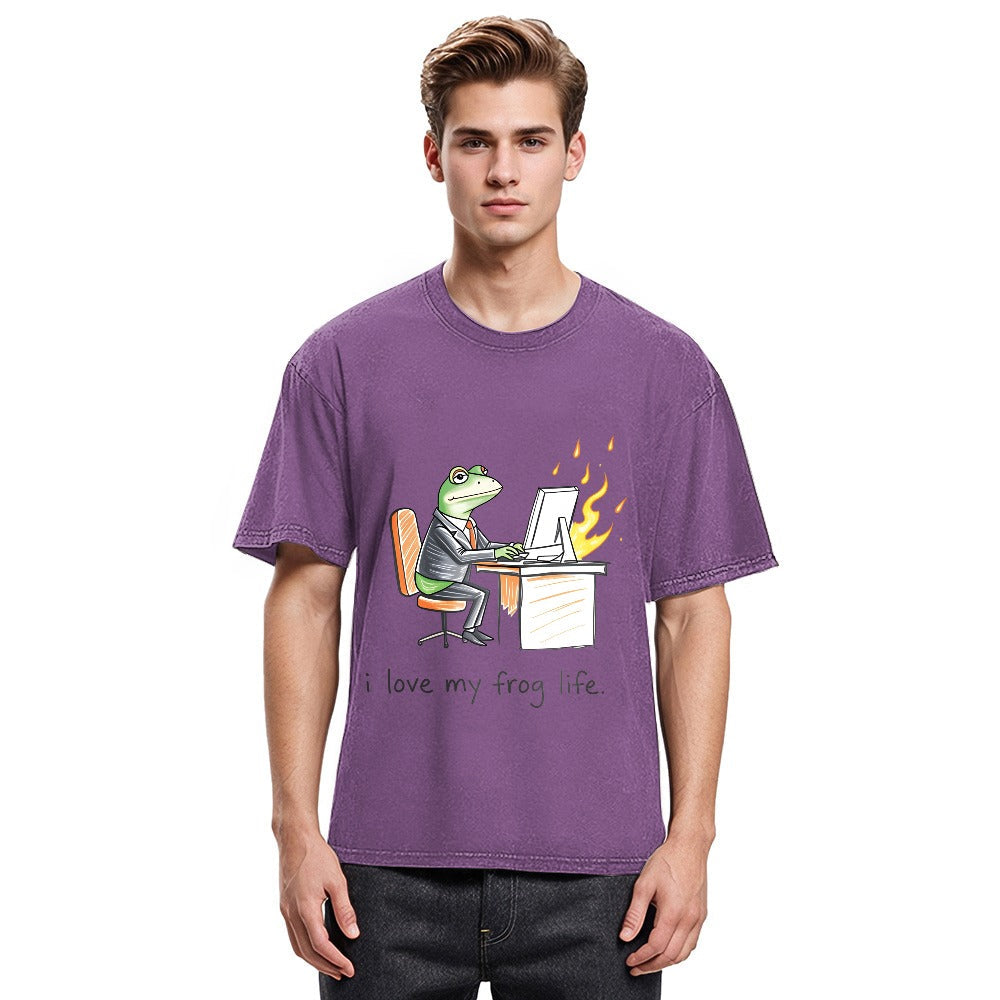 Tokyosol Office Burnout Funny Frog Meme Washed T-Shirt