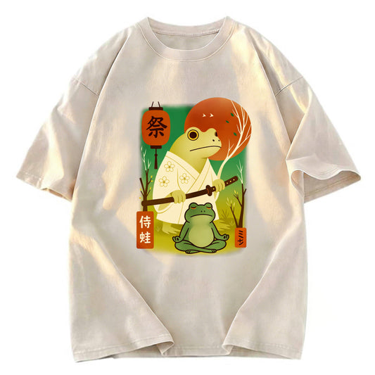 Tokyosol Funny Frog Samurai Poster Washed T-Shirt