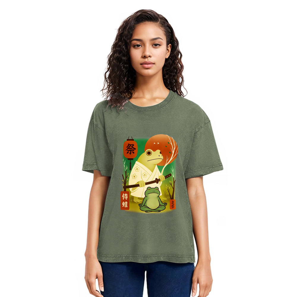 Tokyosol Funny Frog Samurai Poster Washed T-Shirt