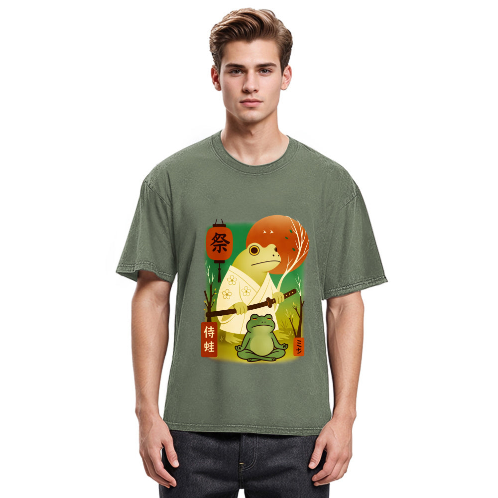 Tokyosol Funny Frog Samurai Poster Washed T-Shirt