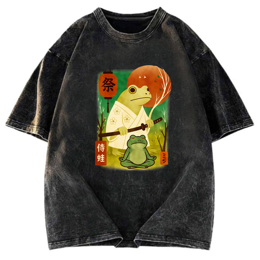 Tokyosol Funny Frog Samurai Poster Washed T-Shirt