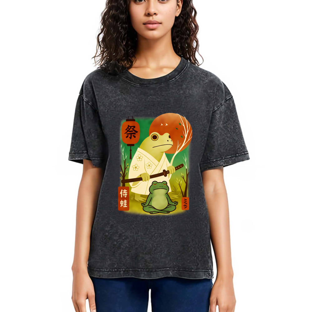 Tokyosol Funny Frog Samurai Poster Washed T-Shirt