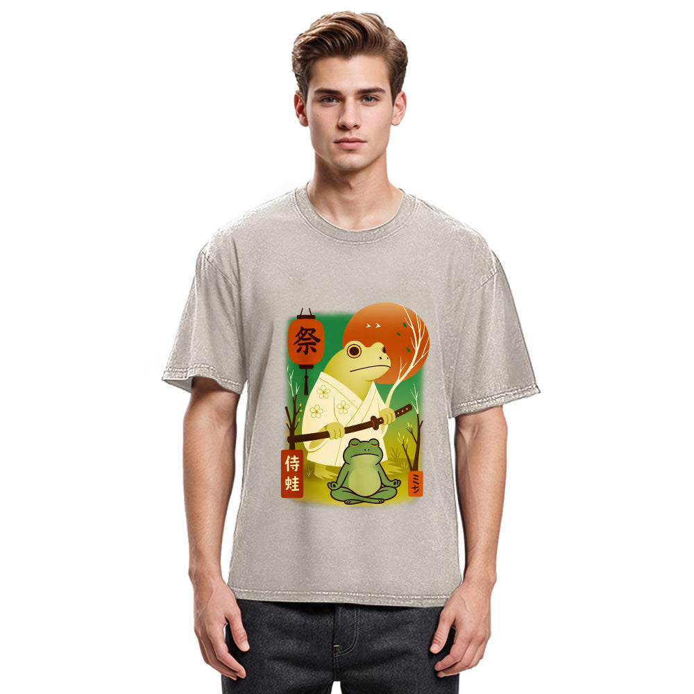 Tokyosol Funny Frog Samurai Poster Washed T-Shirt