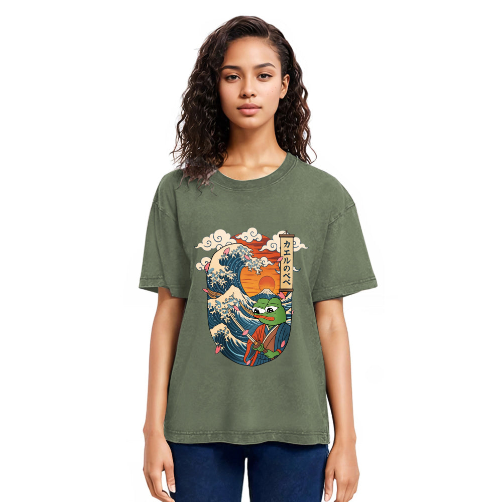 Tokyosol The Frog Great Wave Off Kanagawa Fren Meme Washed T-Shirt
