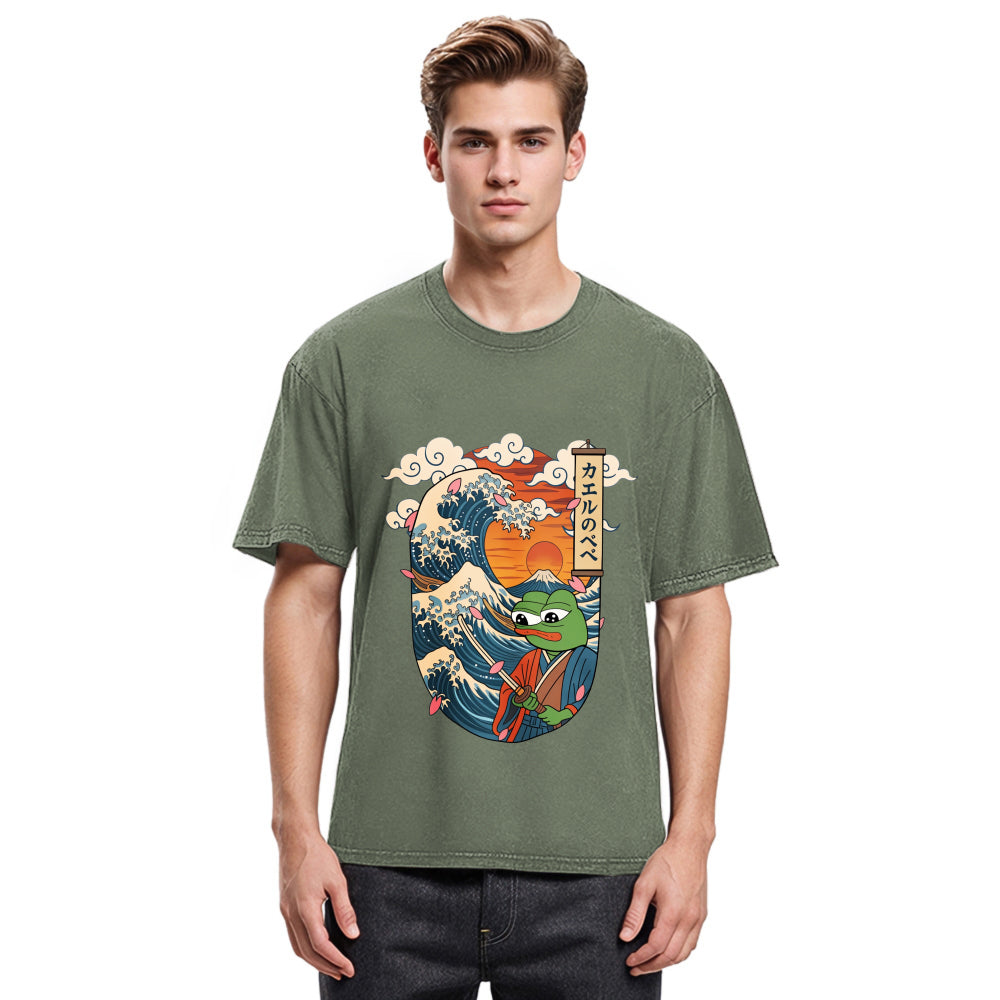 Tokyosol The Frog Great Wave Off Kanagawa Fren Meme Washed T-Shirt