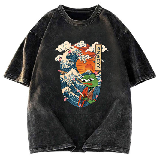 Tokyosol The Frog Great Wave Off Kanagawa Fren Meme Washed T-Shirt