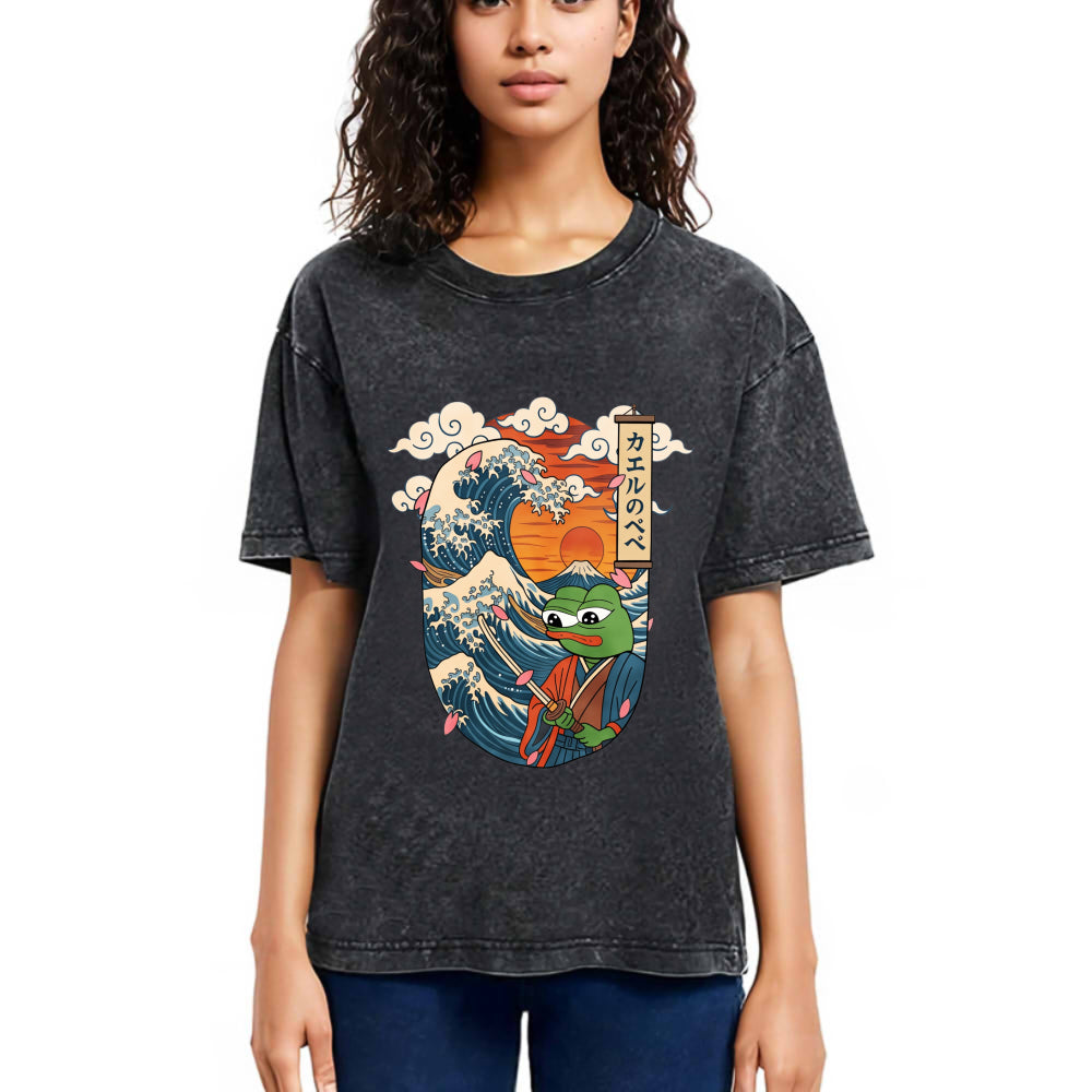 Tokyosol The Frog Great Wave Off Kanagawa Fren Meme Washed T-Shirt