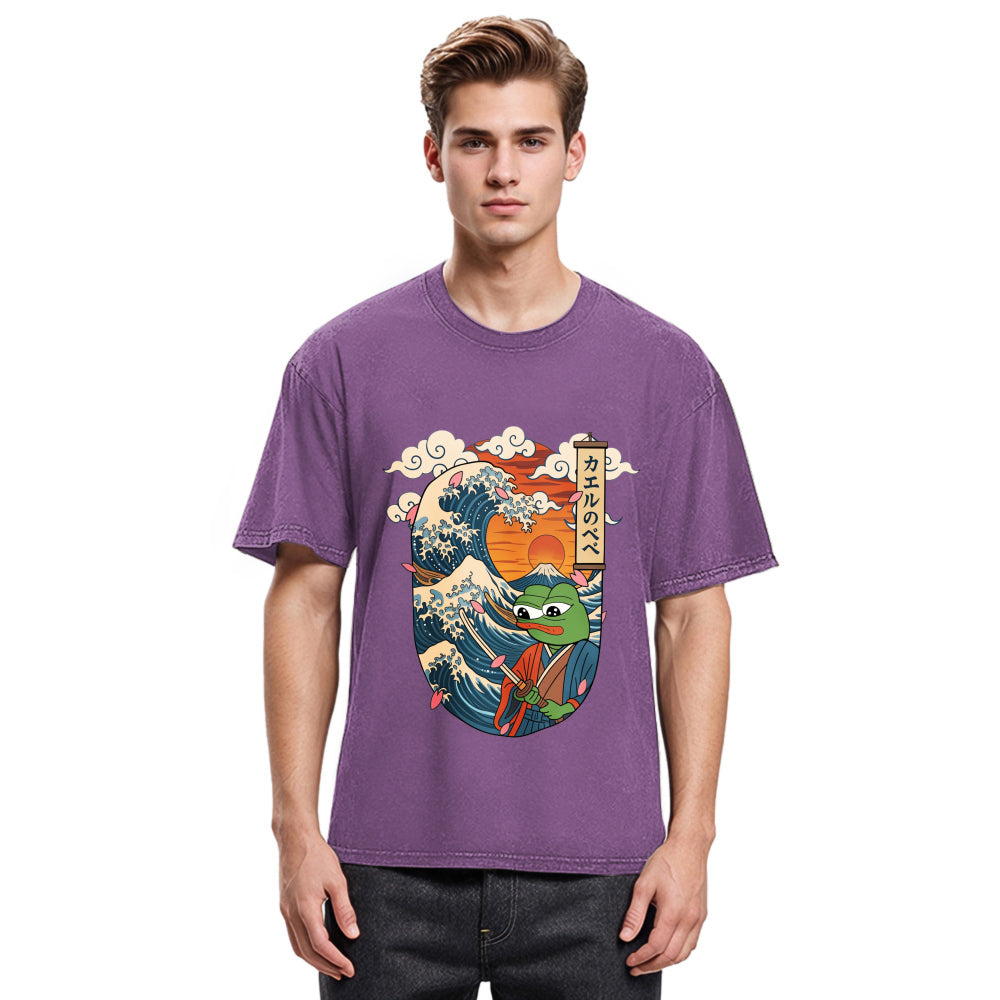 Tokyosol The Frog Great Wave Off Kanagawa Fren Meme Washed T-Shirt
