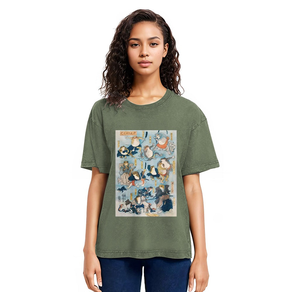 Tokyosol Japanese Ukiyo-e Samurai Ninja Frogs Washed T-Shirt
