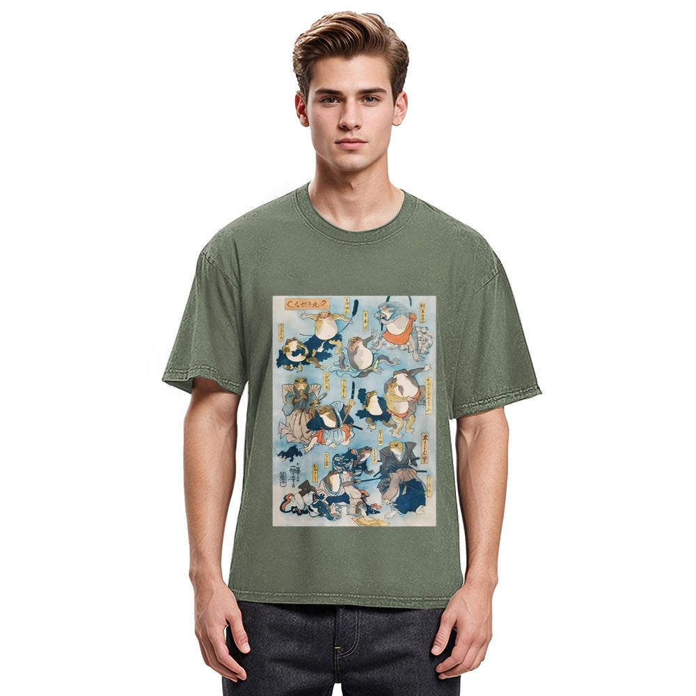 Tokyosol Japanese Ukiyo-e Samurai Ninja Frogs Washed T-Shirt