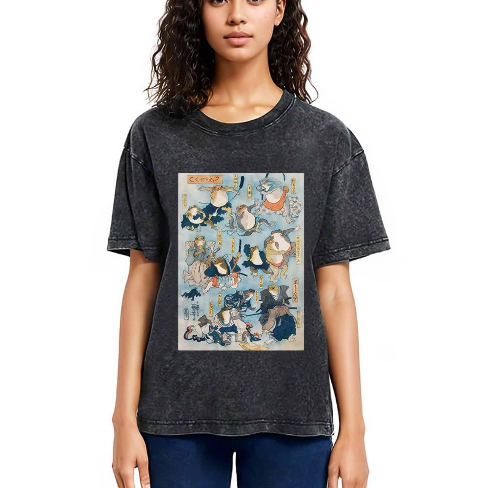 Tokyosol Japanese Ukiyo-e Samurai Ninja Frogs Washed T-Shirt