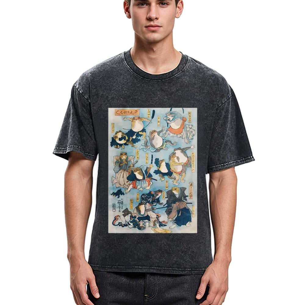 Tokyosol Japanese Ukiyo-e Samurai Ninja Frogs Washed T-Shirt