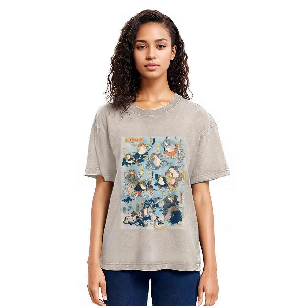 Tokyosol Japanese Ukiyo-e Samurai Ninja Frogs Washed T-Shirt