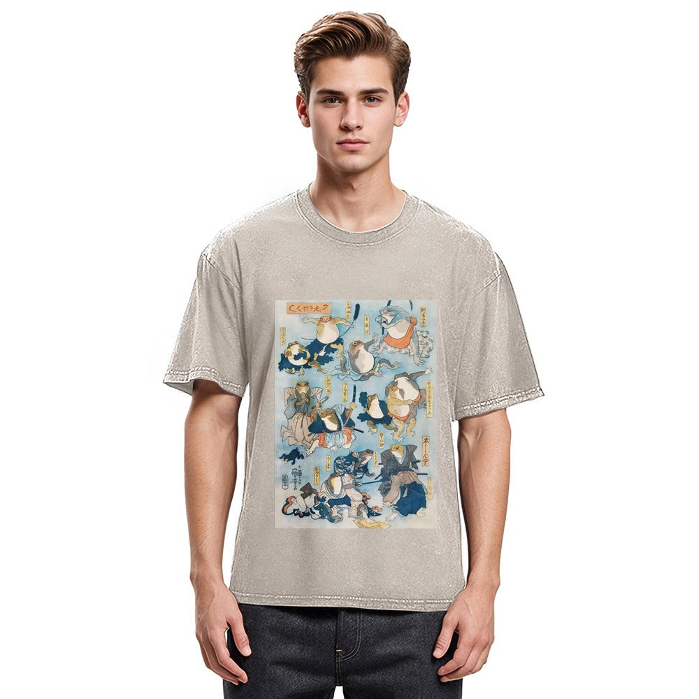Tokyosol Japanese Ukiyo-e Samurai Ninja Frogs Washed T-Shirt