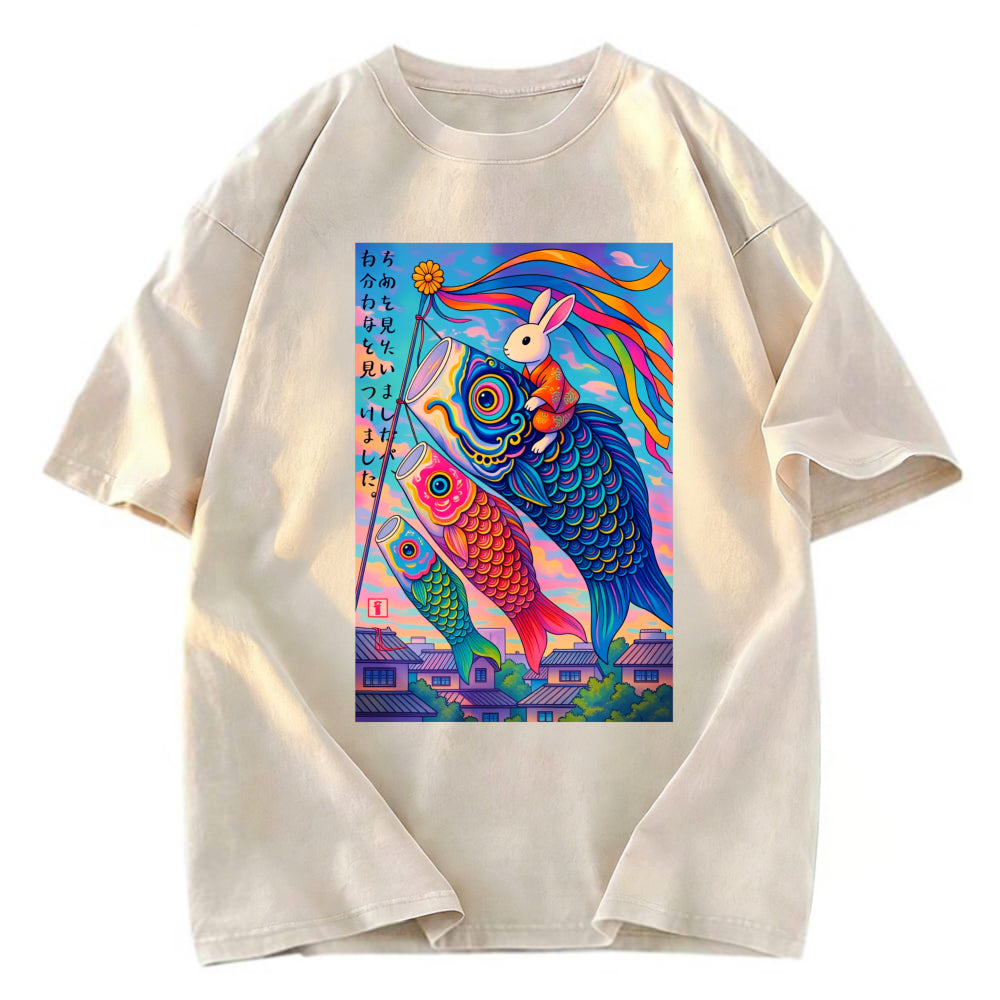 Tokyosol Ukiyoe Rabbit Ride Carp Streamer Poster Washed T-Shirt