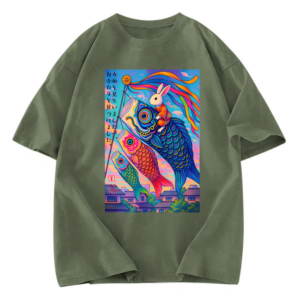 Tokyosol Ukiyoe Rabbit Ride Carp Streamer Poster Washed T-Shirt