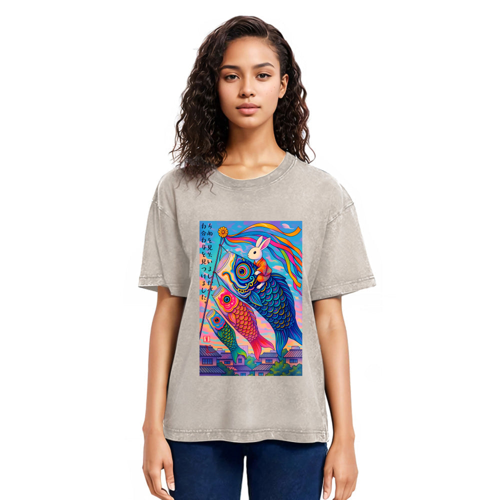 Tokyosol Ukiyoe Rabbit Ride Carp Streamer Poster Washed T-Shirt