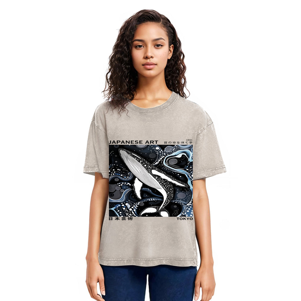 Tokyosol Polka Dot Art Whale Washed T-Shirt