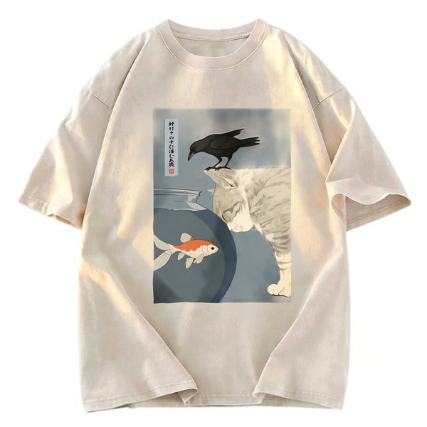Tokyosol Crow And Cat Watching Fish Washed T-Shirt
