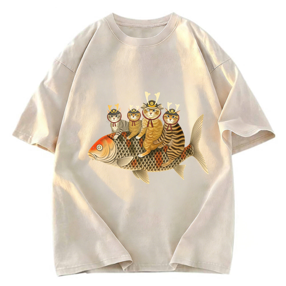 Tokyosol Funny Samurai Cat Riding a Fish Washed T-Shirt
