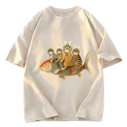 Tokyosol Funny Samurai Cat Riding a Fish Washed T-Shirt