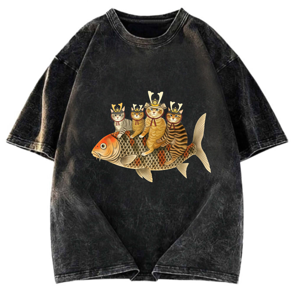 Tokyosol Funny Samurai Cat Riding a Fish Washed T-Shirt
