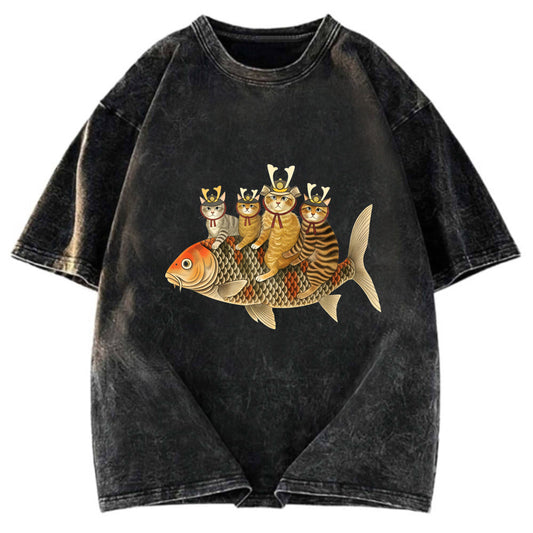 Tokyosol Funny Samurai Cat Riding a Fish Washed T-Shirt