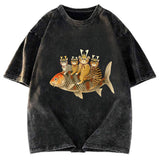 Tokyosol Funny Samurai Cat Riding a Fish Washed T-Shirt