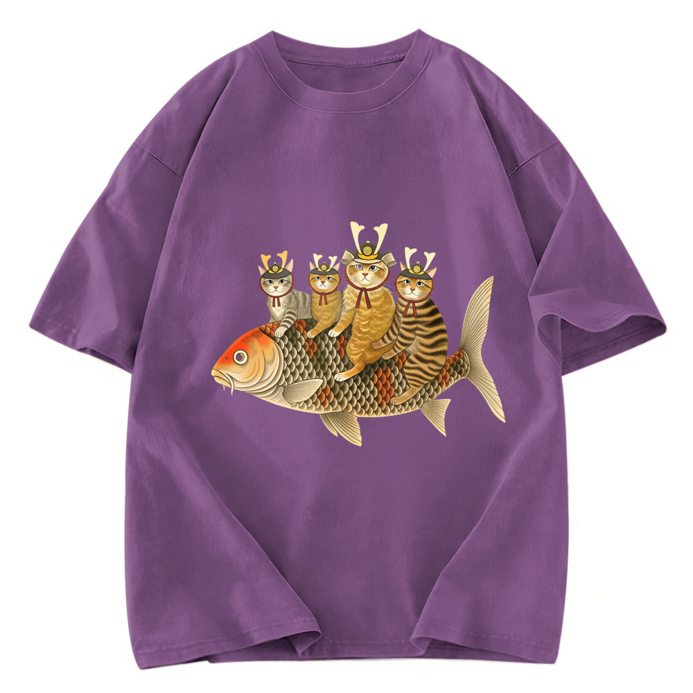 Tokyosol Funny Samurai Cat Riding a Fish Washed T-Shirt
