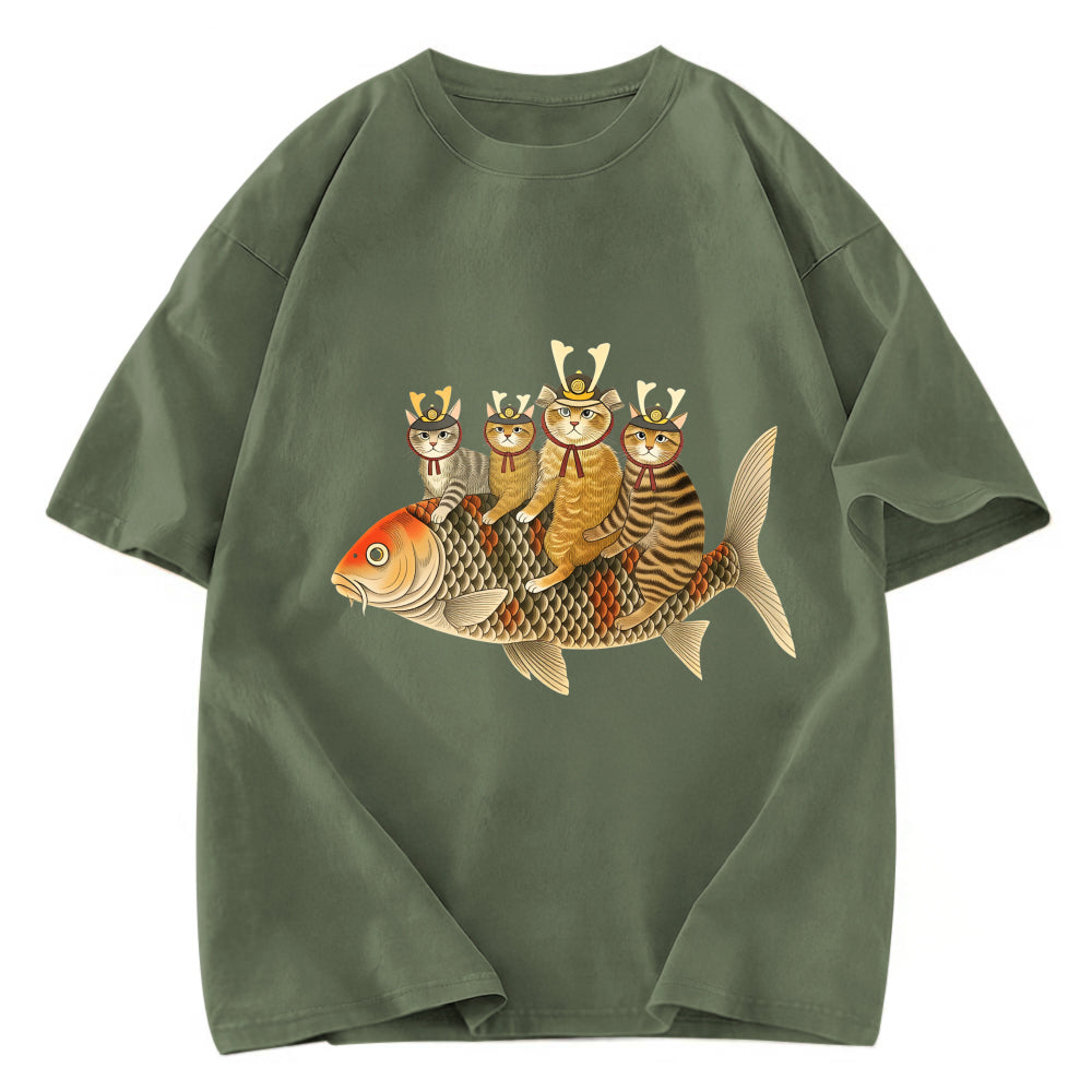 Tokyosol Funny Samurai Cat Riding a Fish Washed T-Shirt