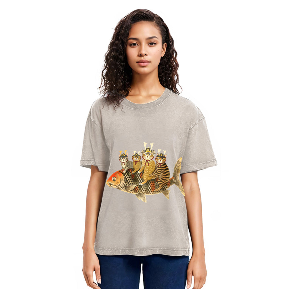 Tokyosol Funny Samurai Cat Riding a Fish Washed T-Shirt
