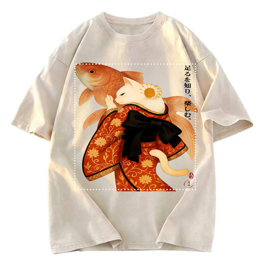 Tokyosol Japanese Ukiyoe Cat And Fish Poster Washed T-Shirt