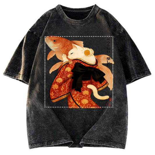 Tokyosol Japanese Ukiyoe Cat And Fish Poster Washed T-Shirt
