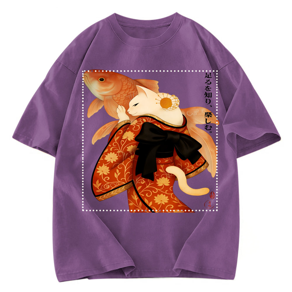 Tokyosol Japanese Ukiyoe Cat And Fish Poster Washed T-Shirt