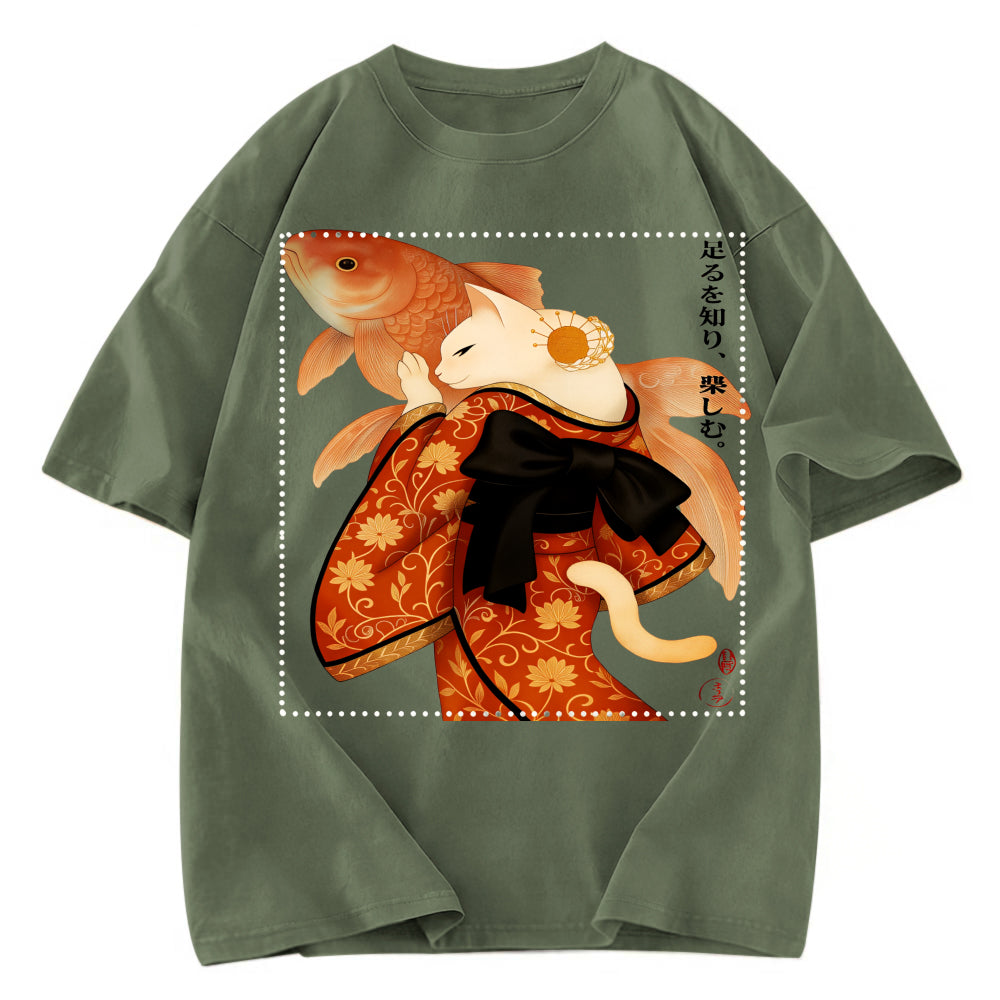 Tokyosol Japanese Ukiyoe Cat And Fish Poster Washed T-Shirt