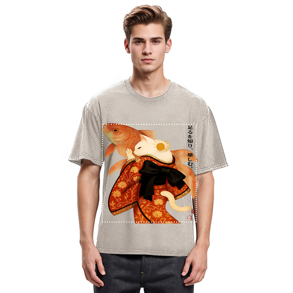 Tokyosol Japanese Ukiyoe Cat And Fish Poster Washed T-Shirt