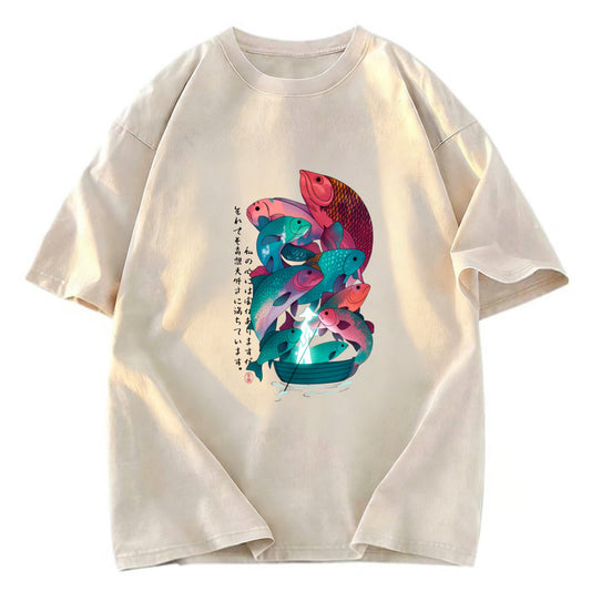 Tokyosol Japanese Ukiyoe Fish Vintage Poster Washed T-Shirt