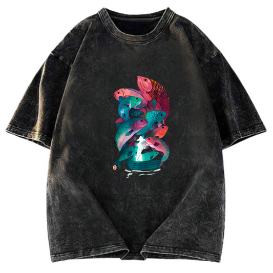 Tokyosol Japanese Ukiyoe Fish Vintage Poster Washed T-Shirt