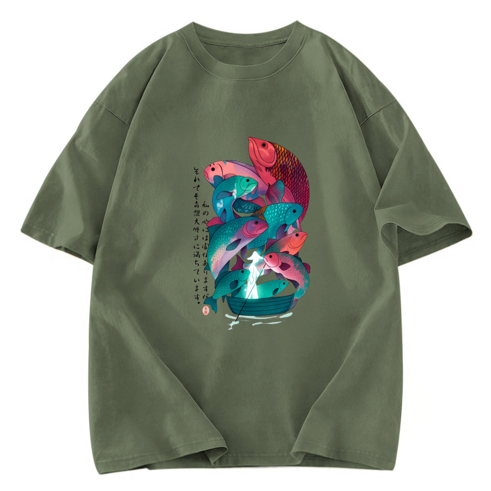 Tokyosol Japanese Ukiyoe Fish Vintage Poster Washed T-Shirt