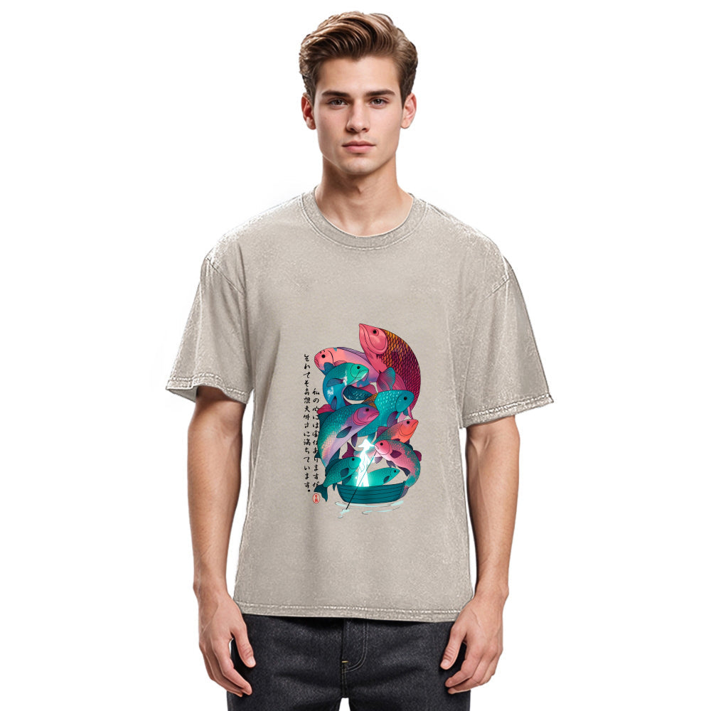 Tokyosol Japanese Ukiyoe Fish Vintage Poster Washed T-Shirt
