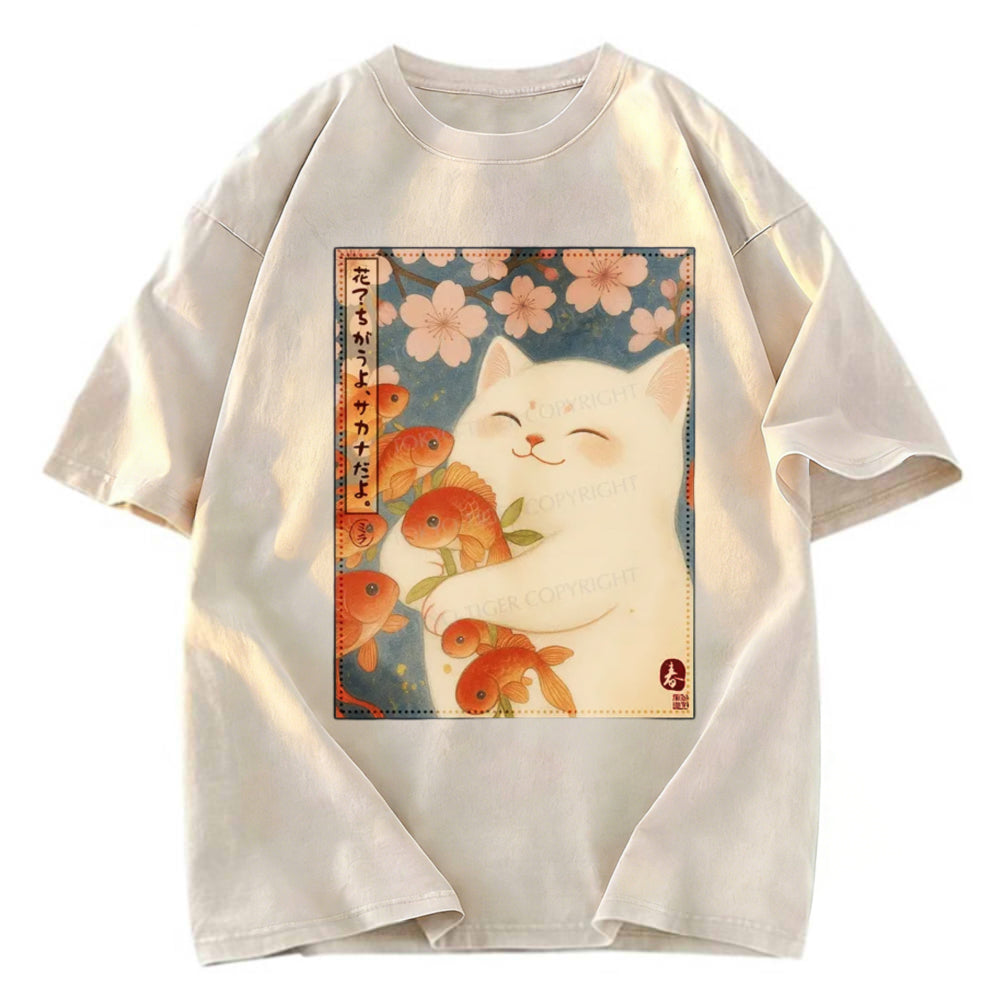 Tokyosol Funny Ukiyoe Cat and Fish Flower Washed T-Shirt