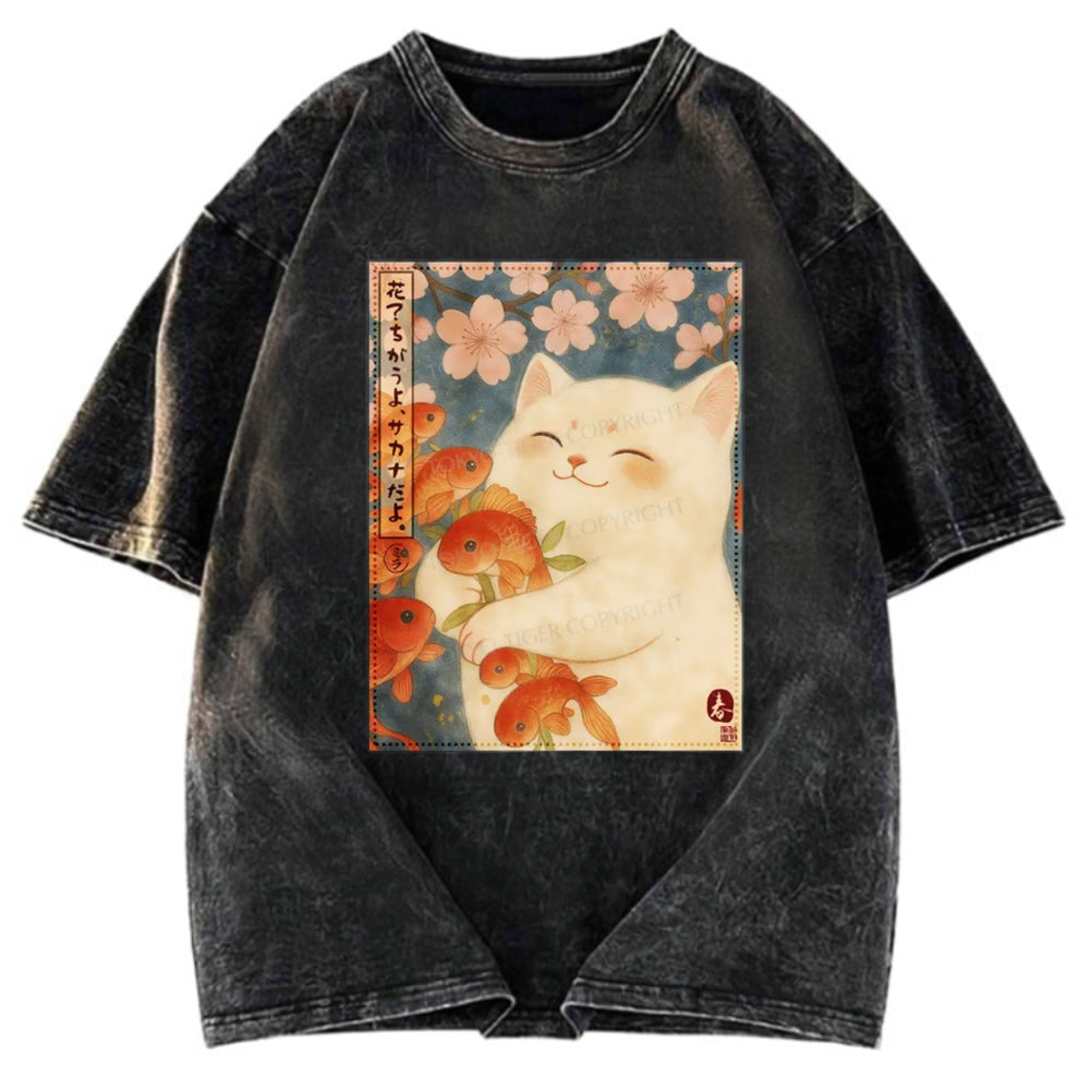 Tokyosol Funny Ukiyoe Cat and Fish Flower Washed T-Shirt