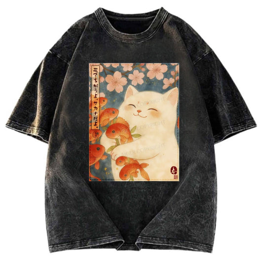 Tokyosol Funny Ukiyoe Cat and Fish Flower Washed T-Shirt